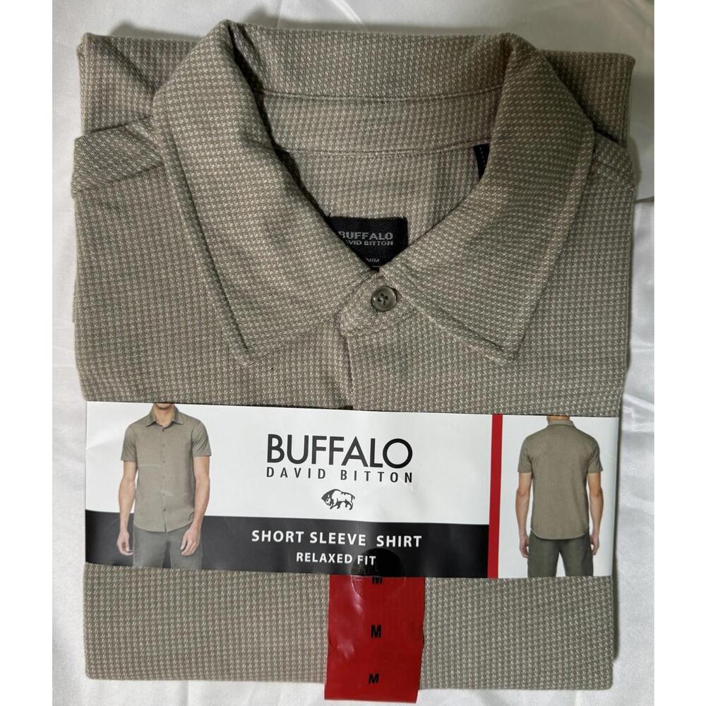 BUFFALO David Britton Relaxed Fit Short Sleeve Button Up Tan Shirt Mens Size M